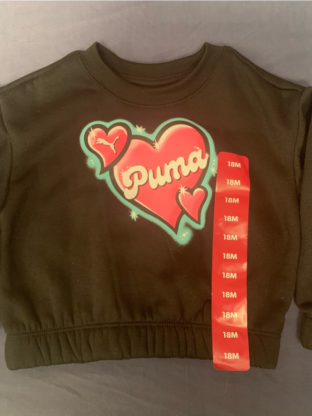 Puma Black Sweatshirt with pink and Teal Heart Graphic